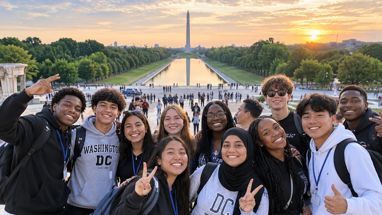 Students on a school trip together at the Lincoln Memorial, with the Washington Monument behind them