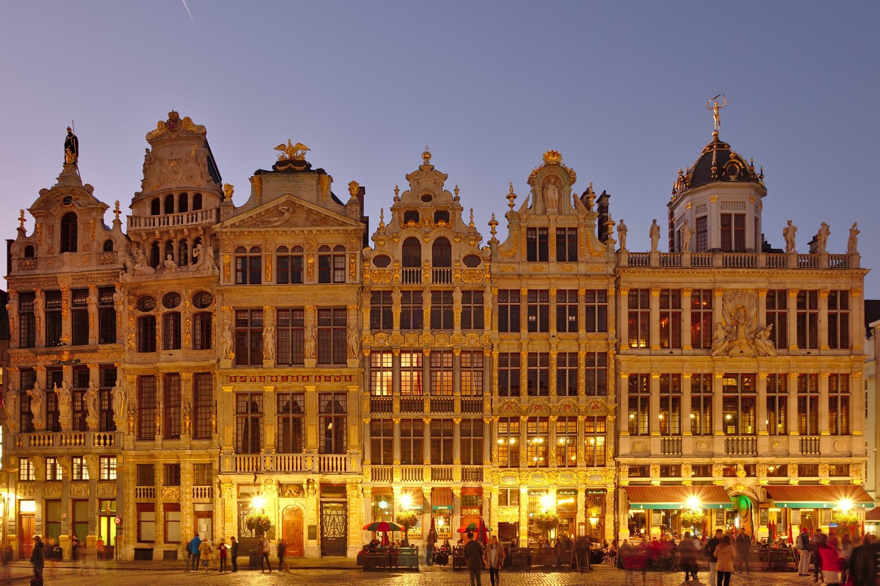 Guildhalls on the Grand Place in Brussels at dusk