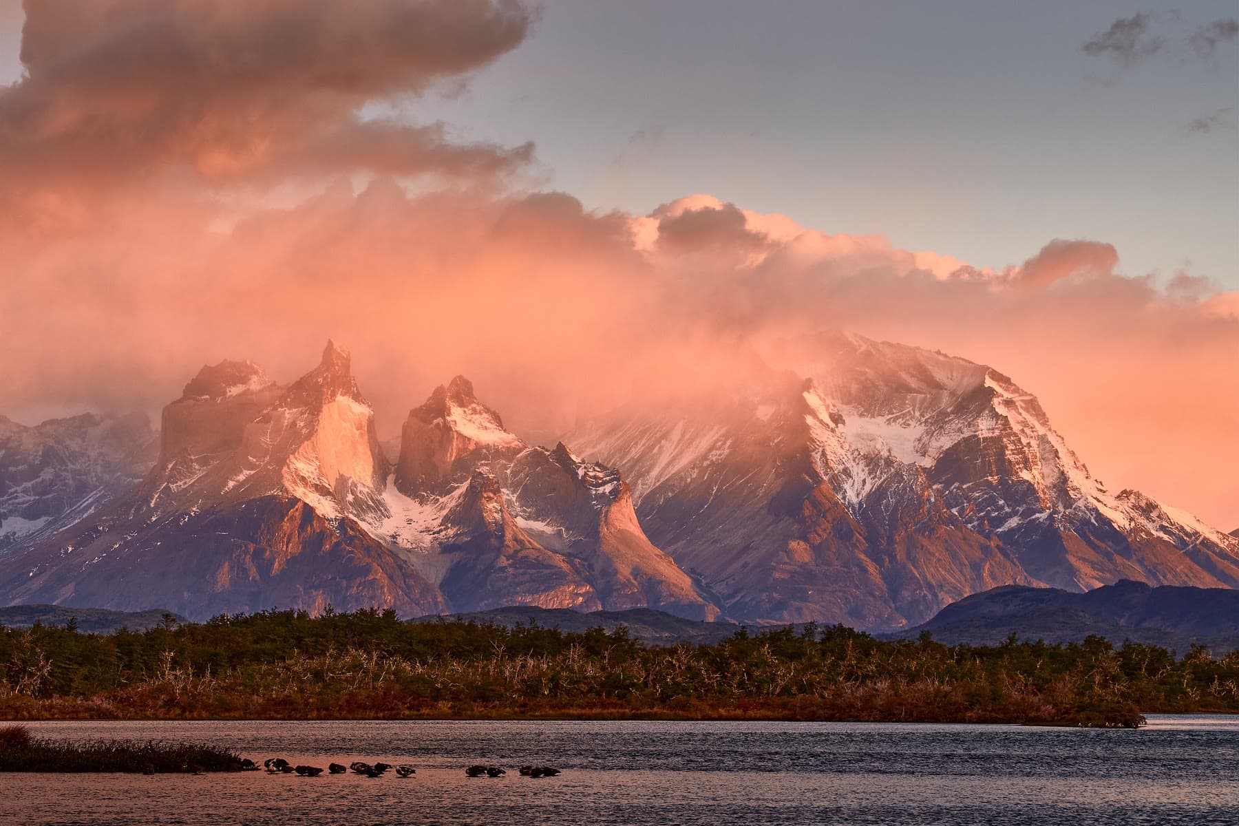 The towers of Torres del Paine at sunset