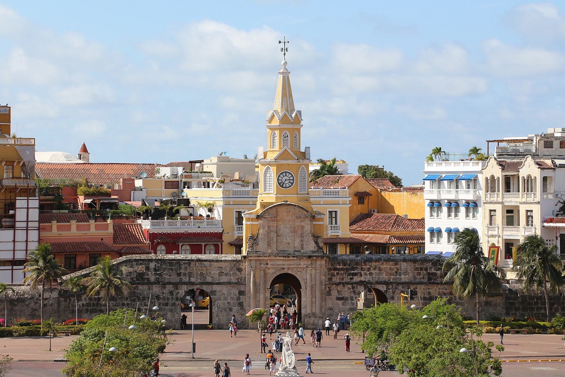 The clock gate and colorful buildings of Cartagena’s old city
