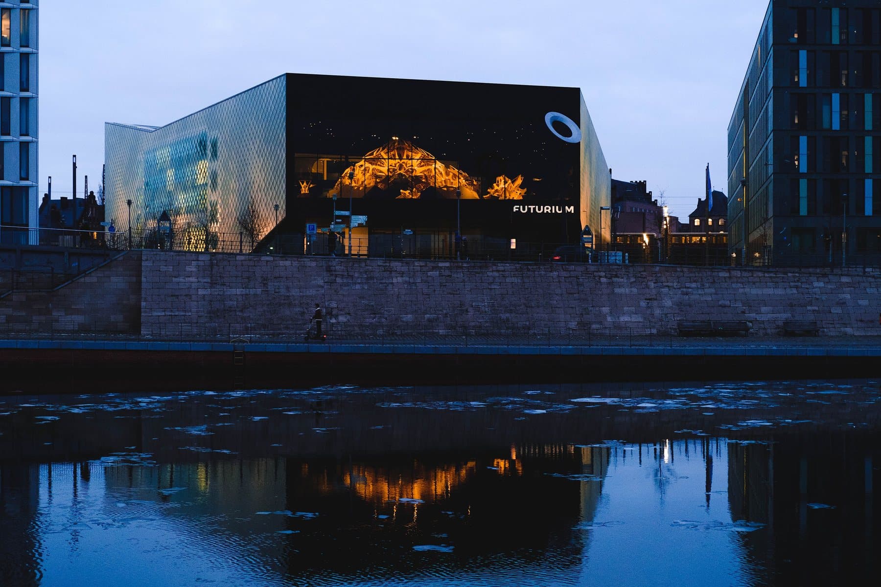 The Futurium museum in Berlin at dusk