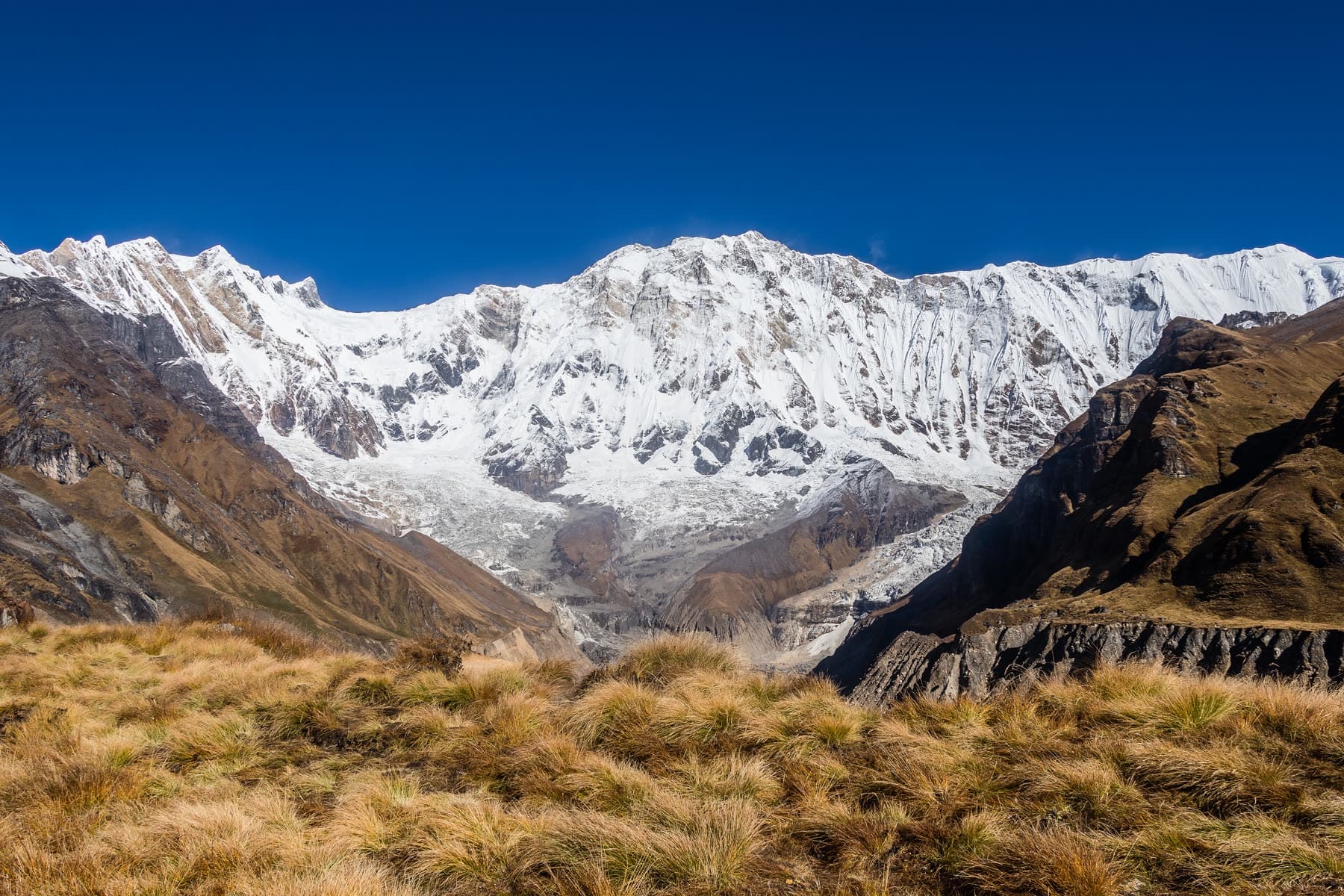 Snow-covered peaks of the Annapurna Massif in the Nepal Himalaya