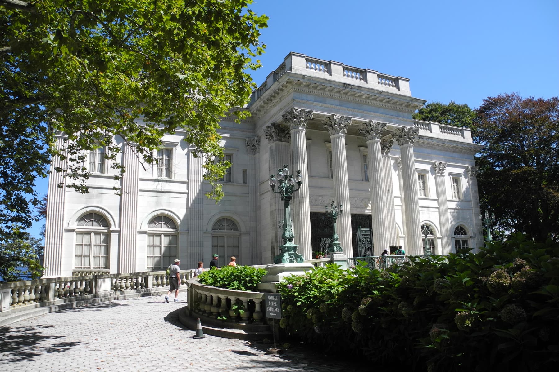 The columned entrance of Marble House in Newport