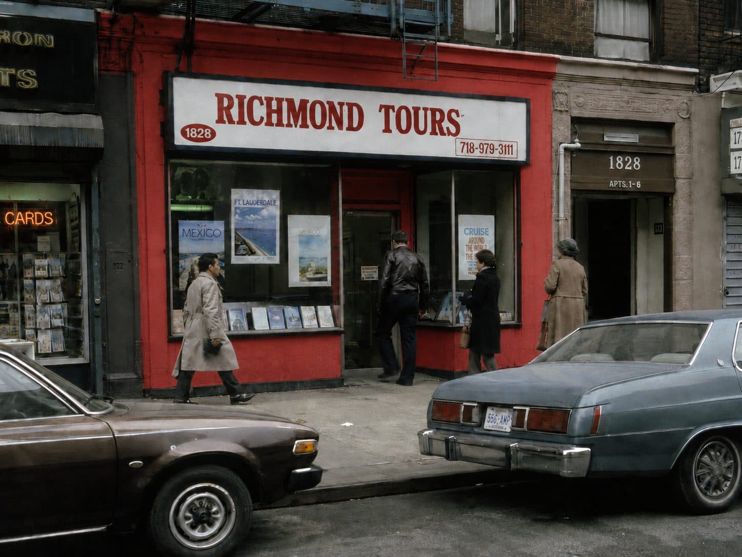 The original Richmond Tours storefront with its red awning, with 1980s cars parked out front