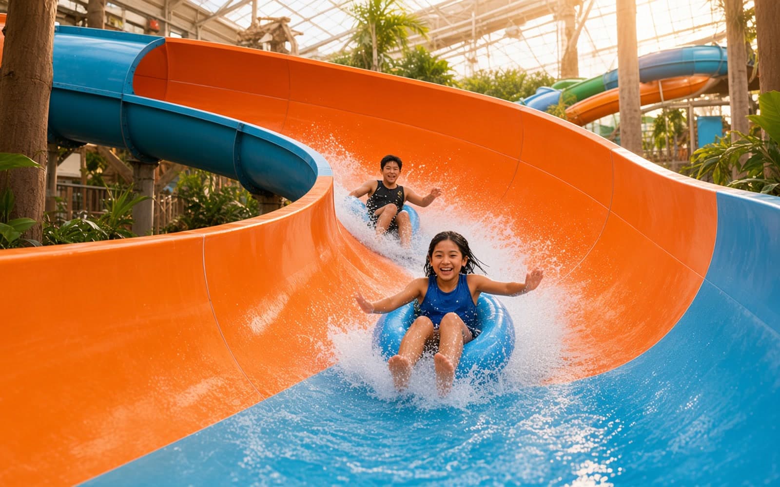 A large orange and blue waterslide at the Aquatopia indoor waterpark
