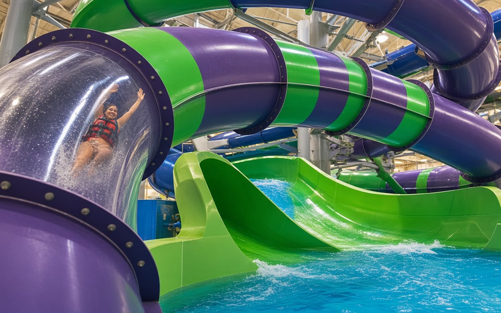 A large purple and green tube waterslide at the Aquatopia indoor waterpark