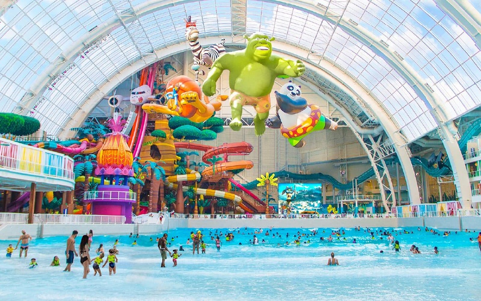 The wave pool and slides at DreamWorks Water Park in American Dream