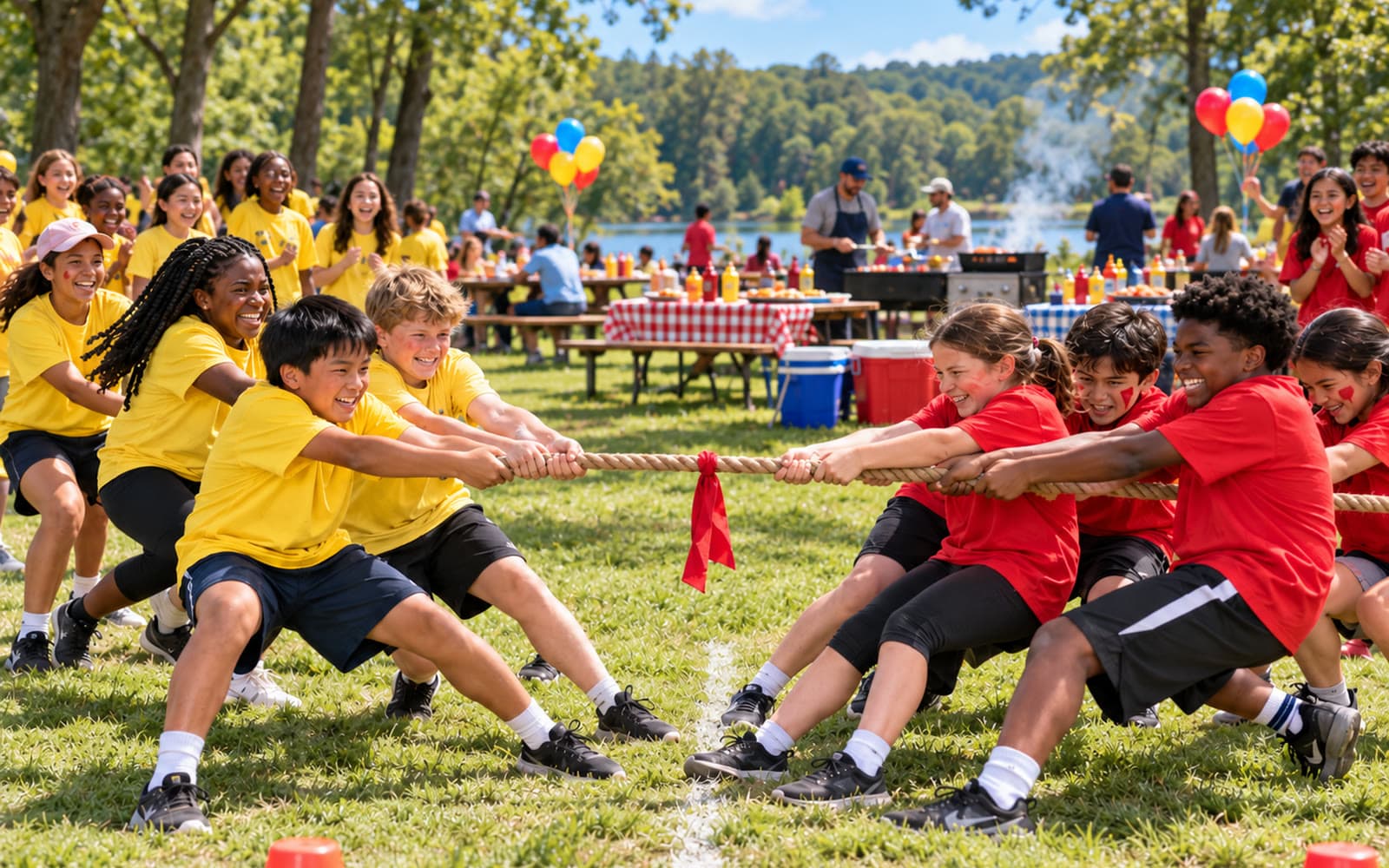 Students in yellow and red shirts in a tug of war beside a lake at a field day barbecue
