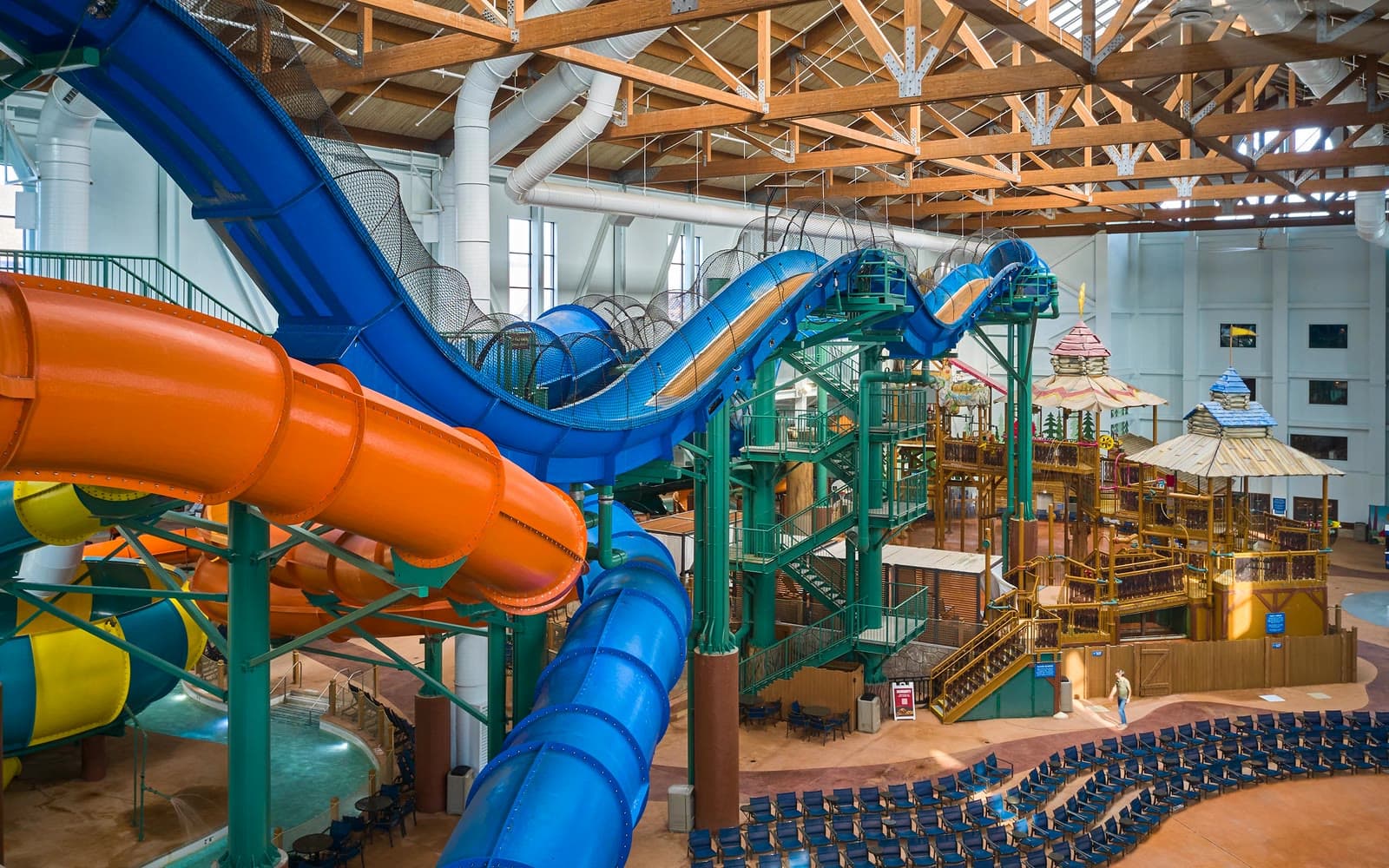 The indoor waterpark at Great Wolf Lodge, with slides, the water fort, and the pool