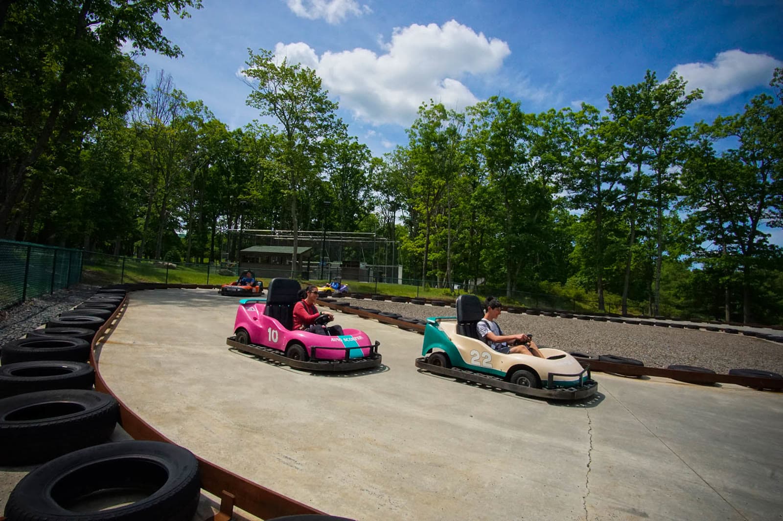 Go-karts on the outdoor track at Woodloch Resort
